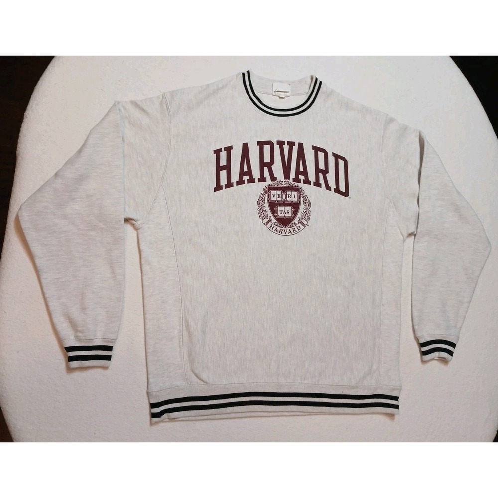 Champion Reverse Weave Harvard University Sweatshirt Large Striped Trim Gray UO